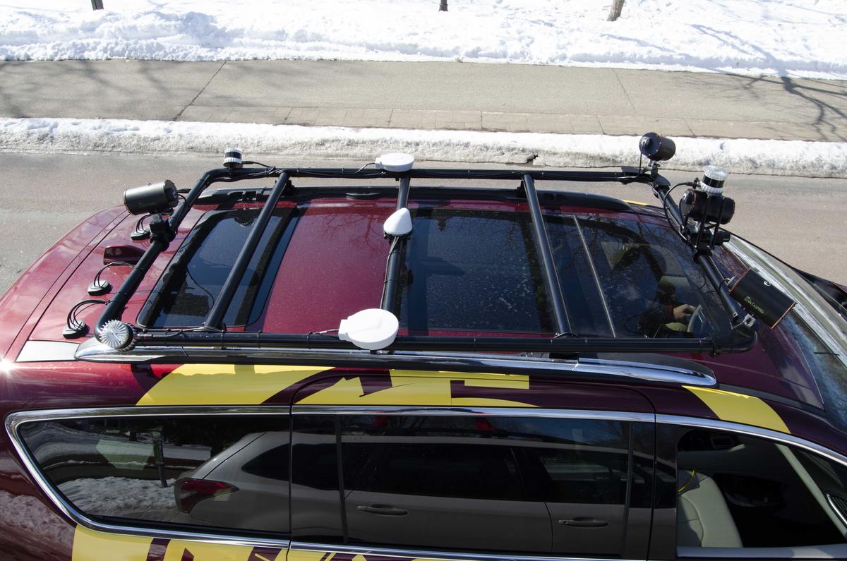 roof rack of the MnCAV vehicle with sensors mounted 